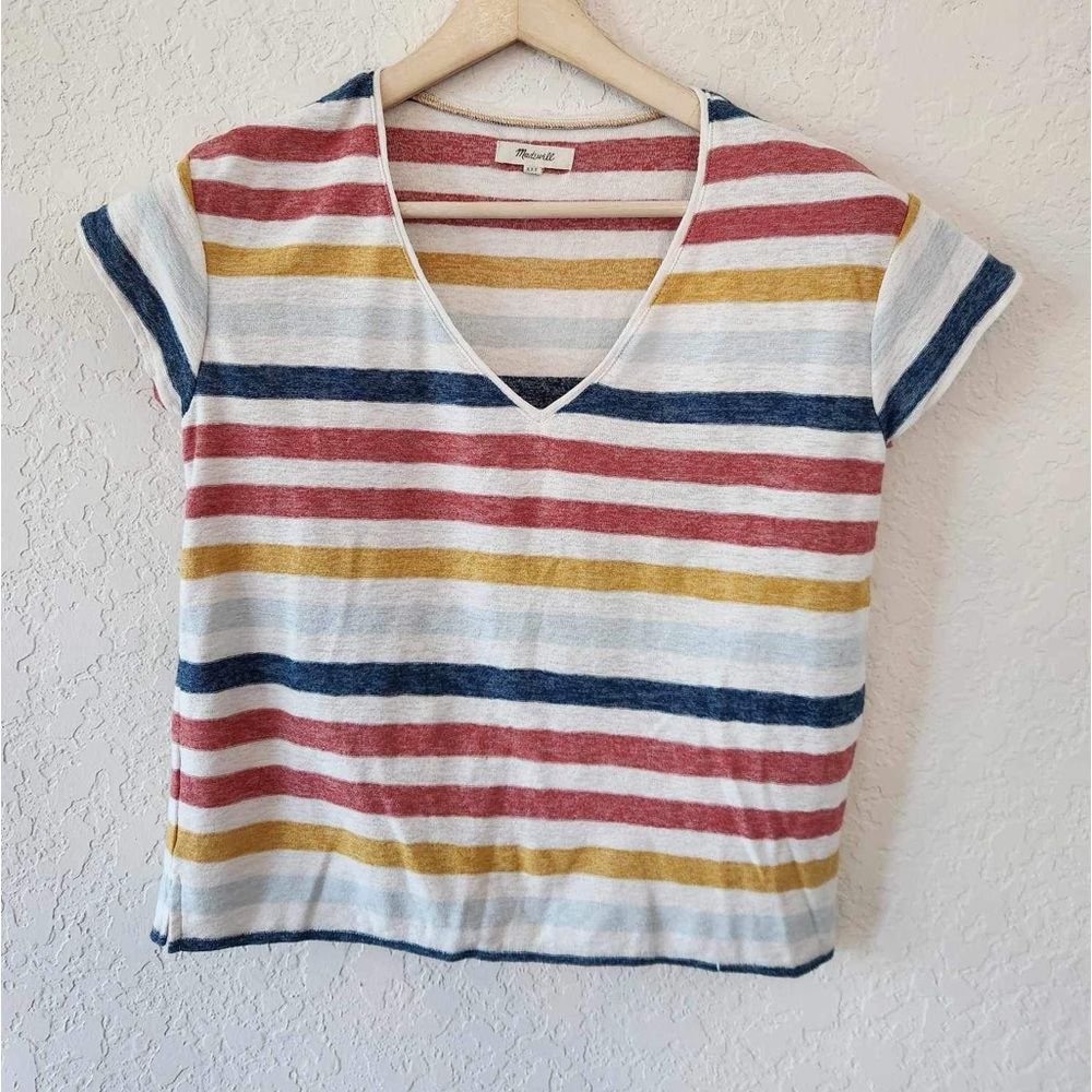 Madewell Women's Size XXS Skyline V Neck Tee in Jay Stripe Cap Sleeve